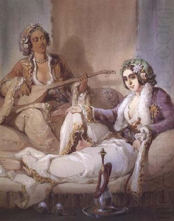 Femme turque fumant un narguile aquarelle et guache (mk32), Amadeo Preziosi